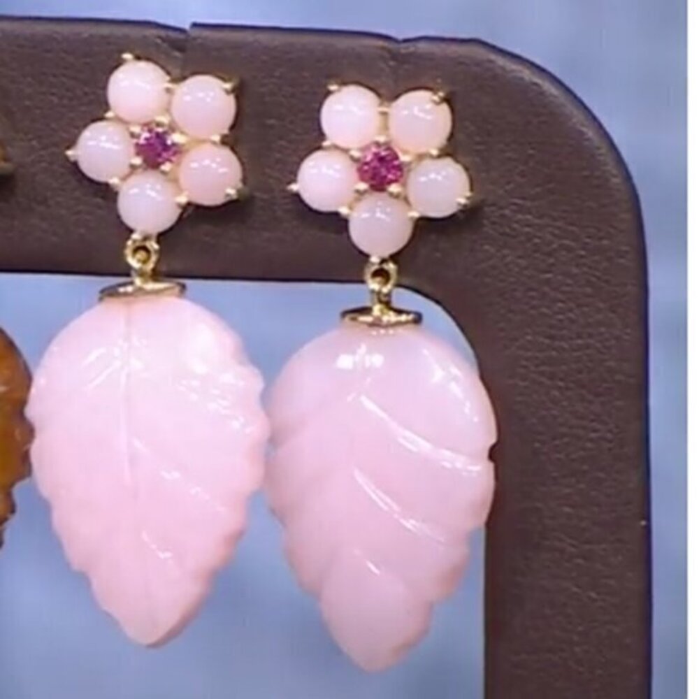Rarities Carol Brodie Carved Gemstone LEAF Drop Earrings PINK OPAL nwt